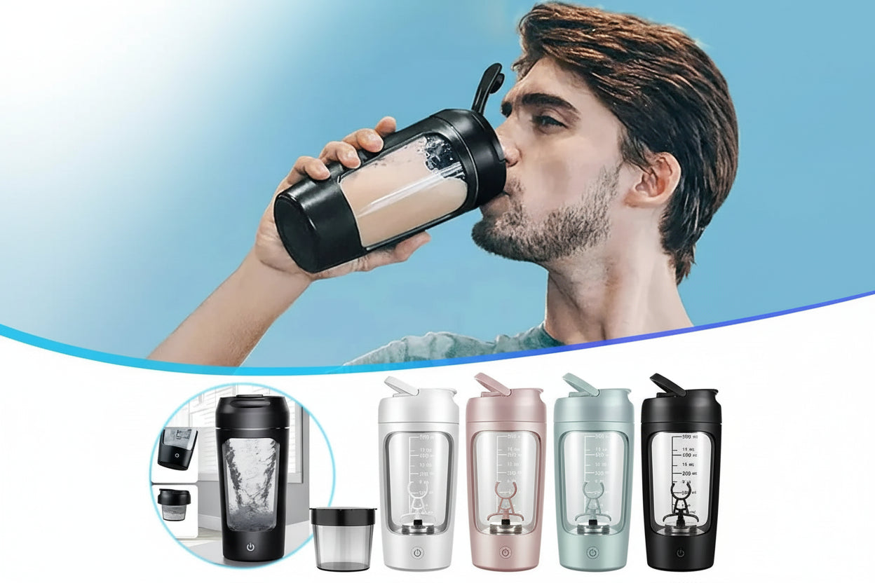 Person holding a black and clear shaker bottle with a blue gradient background, surrounded by images of different colored shaker bottles.